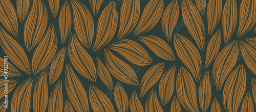 Nature leaves on dark gray background. Vector Illustration. Elegant leaves pattern. Line art for banner, card, cover, fabric, print and invitation