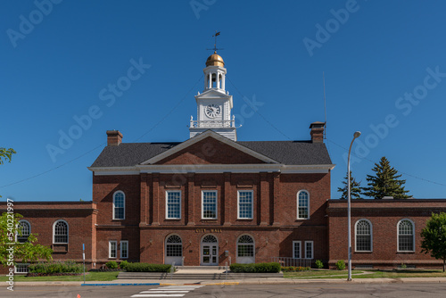 Downtown Fergus Falls City Hall building in the summer. Rural Minnesota city in the USA.
 photo