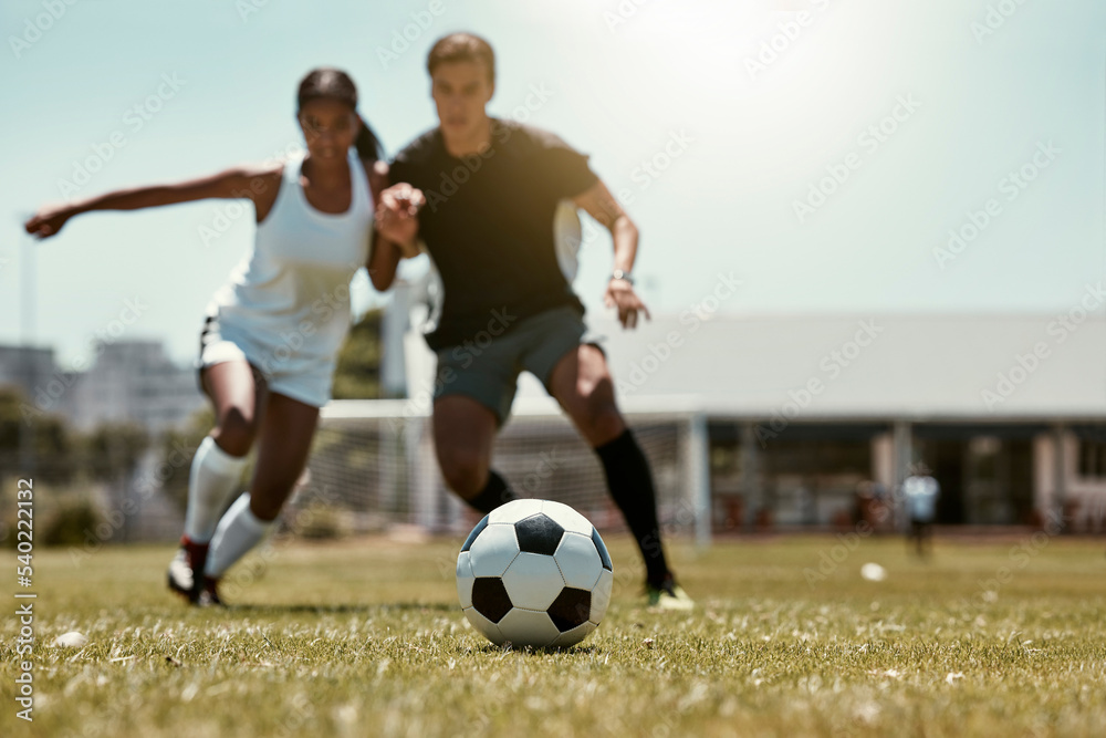 Friends, soccer player and soccer training game on football field for fitness workout on grass outdoor football pitch for body or cardiovascular health. People, soccer ball and summer run in Brazil