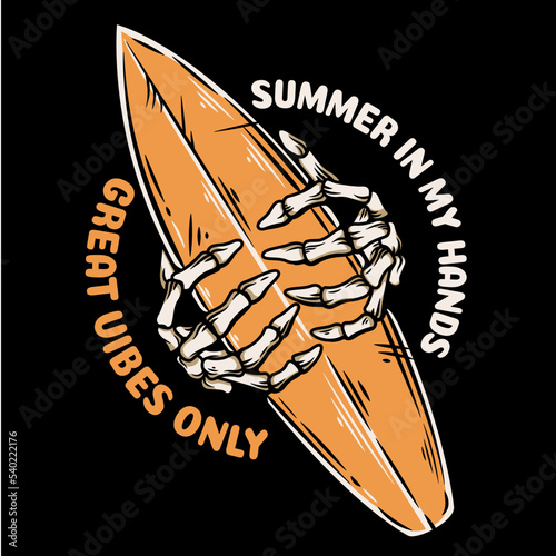 the skull hand holding s surfing board vector illustration