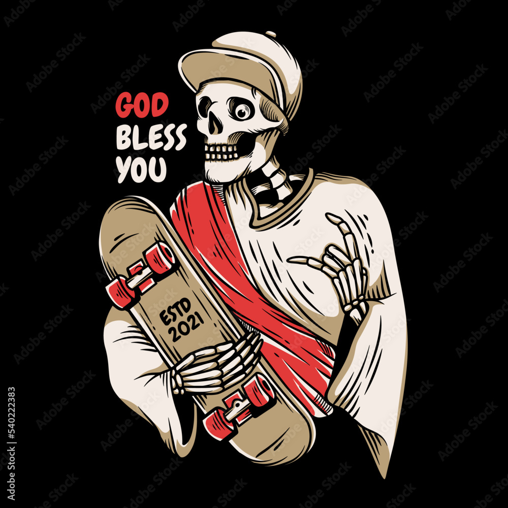 the skeleton holding a skateboard vector illustration
