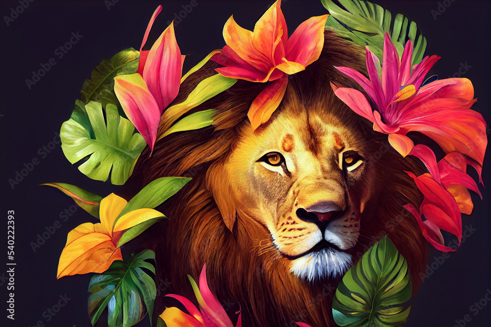 Close-up portrait of Lion king in tropical flowers and leaves. Picturesque portrait Wildlife animal. Digital illustration