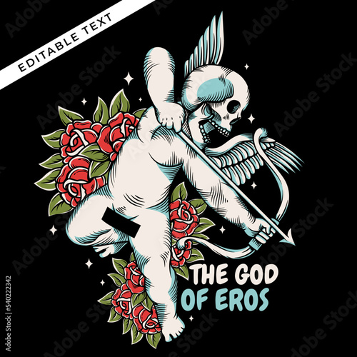 the skeleton angel holding arrow with some roses vector illustration