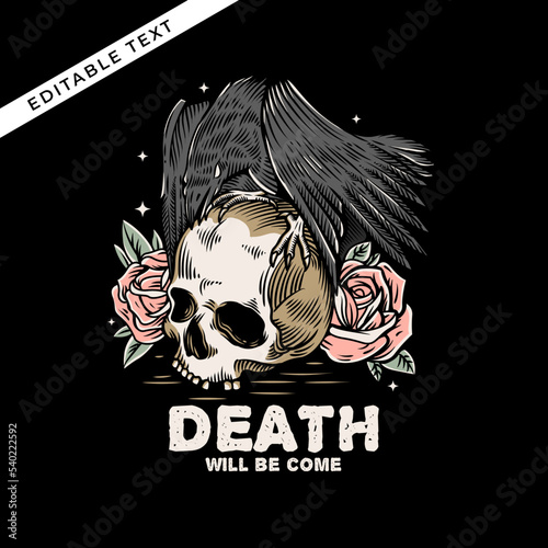 the raven and skull head vector illustration