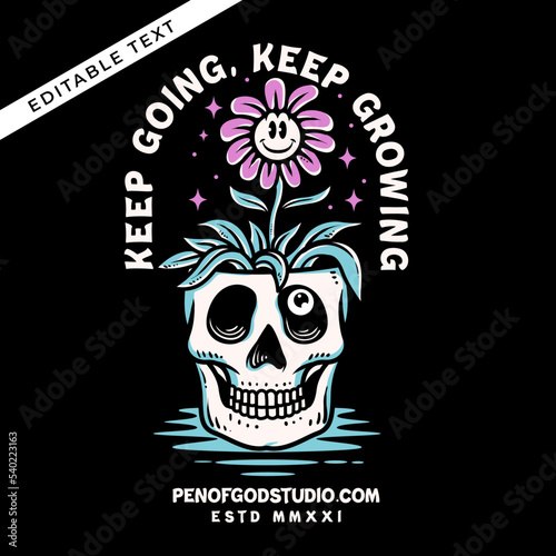 the smile flower grow to life from the skull head vector illustration