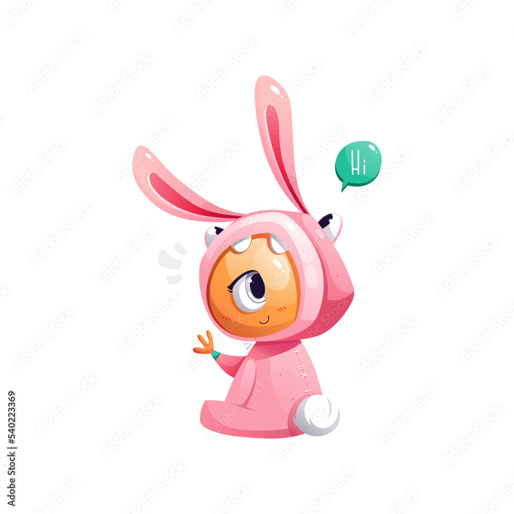 Funny cute one-eyed monster in a bunny costume says Hi - Vector Illustration Funny cute one-eyed monster in a bunny costume says Hi - Vector Illustration