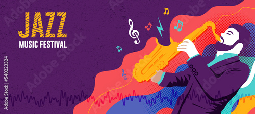 a man really enjoys playing the saxophone for jazz music illustration