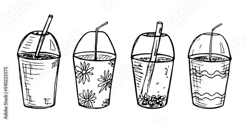 Cute cups of water, milkshake, juice and soda. Drink illustration. Simple cocktail clipart set
