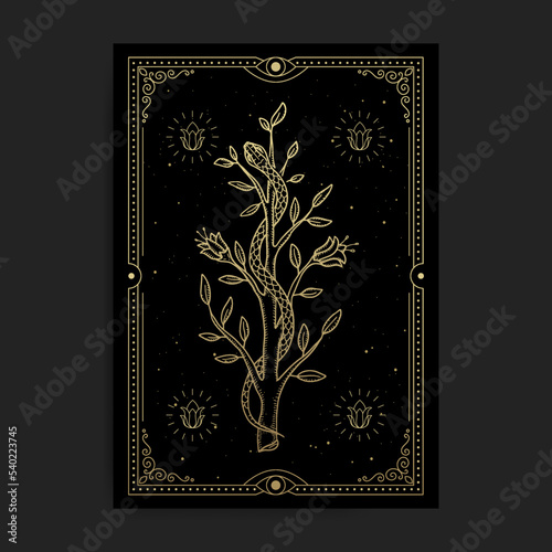 A golden snake that entangles a branch that is in bloom