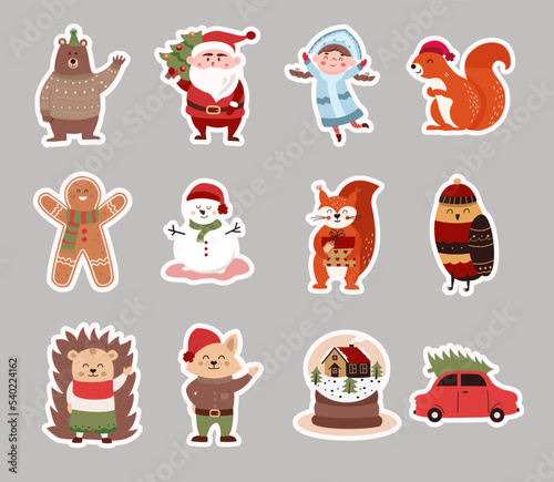 Christmas vector set of cartoon characters and stickers, Santa Claus, snow maiden and others. Vector illustration