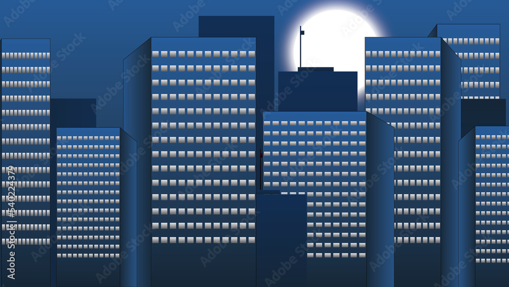 Flat 2D explainer animation illustration of the moon with city lights, and the moon with tall skyscrapers.