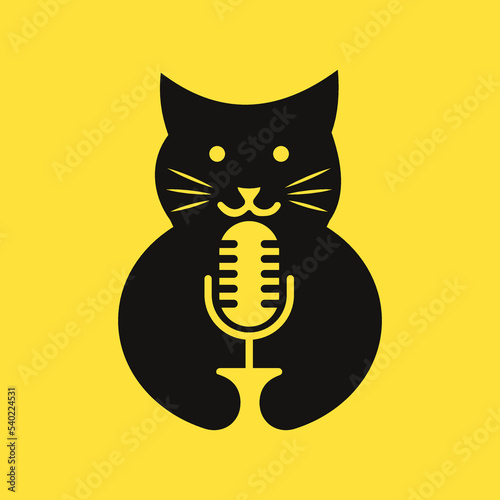 Cat Podcast Logo Negative Space Concept Vector Template. Cat Holding Microphone Symbol