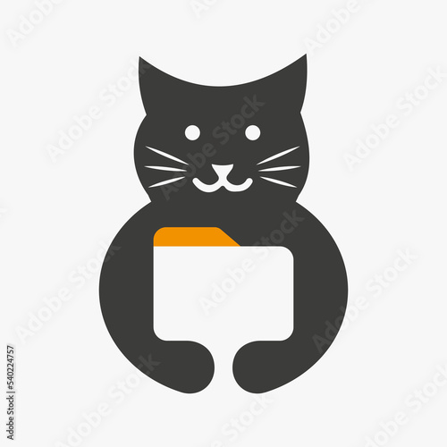 Cat File Logo Negative Space Concept Vector Template. Cat Holding File Manager Symbol