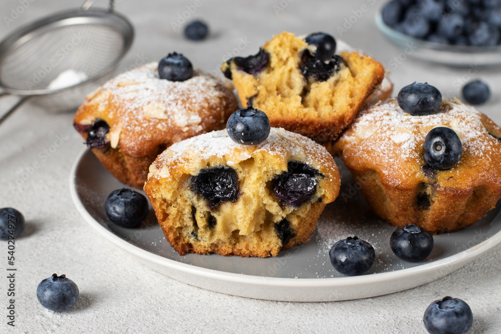Homemade muffins with blueberry and almonds sprinkled with powdered sugar on plate on gray background Homemade muffins with blueberry and almonds sprinkled with powdered sugar on plate on gray background
