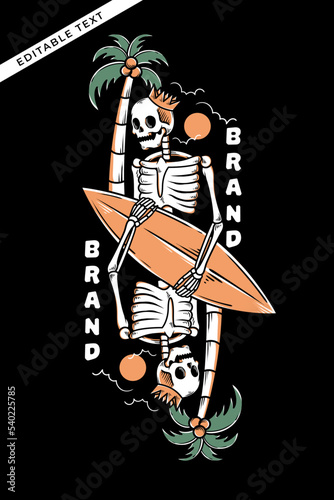 Photography the skeleton holding a surfing board vector illustration