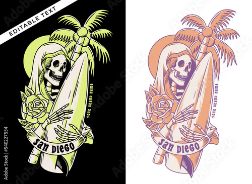 the skeleton holding a surfing board at the beach vector illustration