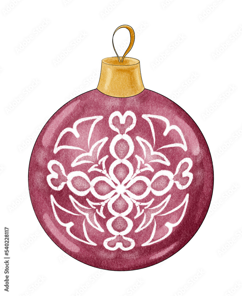 Fototapeta premium Digital illustration of a Christmas ball. Stylized decorative symbol of Christmas. Hand-drawn clipart in a watercolor style. Burgundy Christmas ball decorated with a white pattern