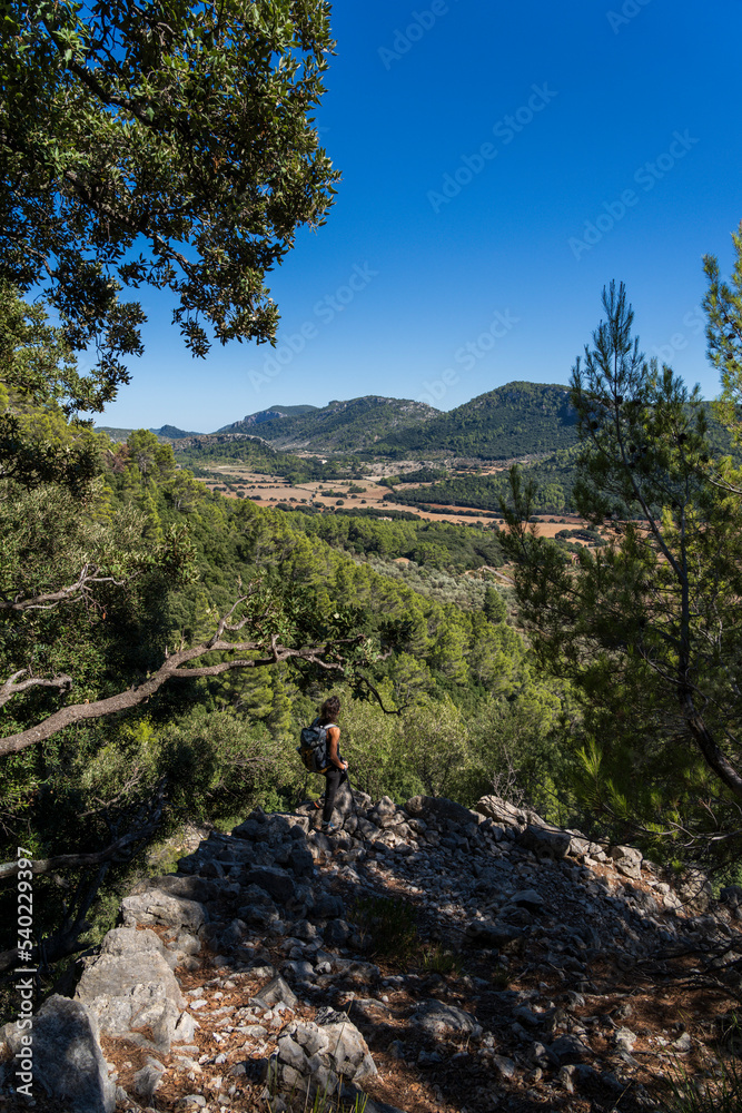 hiker on a road in the forest of Orient, Orient valley, Majorca, Balearic Islands, Spain