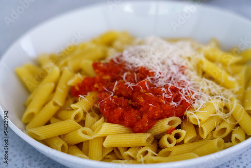 simple macaroni pasta dish with tomato Cheese sauce, Majorca, Balearic Islands, Spain