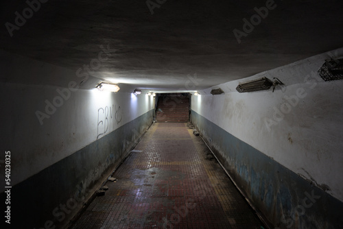 Urban underground pedestrian crossing passage at night. Old, grunge, poorly lit, spooky. © Priyanka