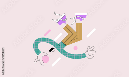 Flat vector illustration of a man in weightlessness. Character who catches a ball in the middle of a fall.