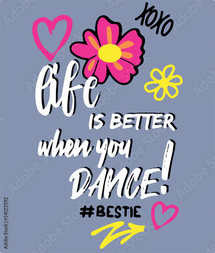 XOXO . Pink flover and love patter. Life is better when you dance  Blue background.