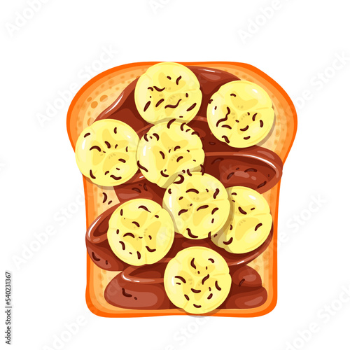 Banana toast vector illustration. Cartoon isolated toasted bread with chocolate spread or peanut butter and banana slices, top view of sweet fruit sandwich for breakfast at home or in restaurant