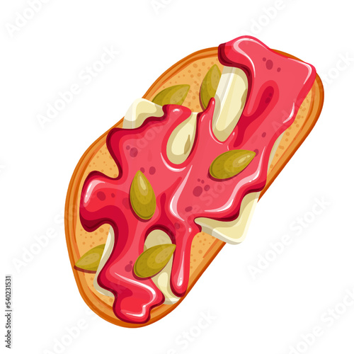Toast with brie cheese vector illustration. Cartoon isolated slice of bread or baguette with gourmet cheese, melted fruit or berry jam and capers for breakfast, top view of sandwich or bruschetta