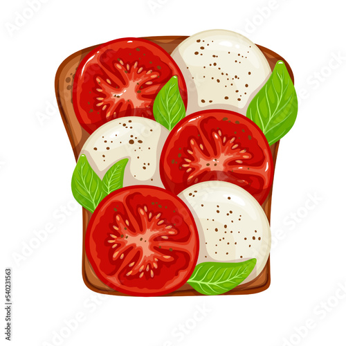 Caprese sandwich. Tomato and heese toast vector illustration. Cartoon isolated breakfast food, slice of bread mozzarella cheese with basil and tomato, top view of sandwich