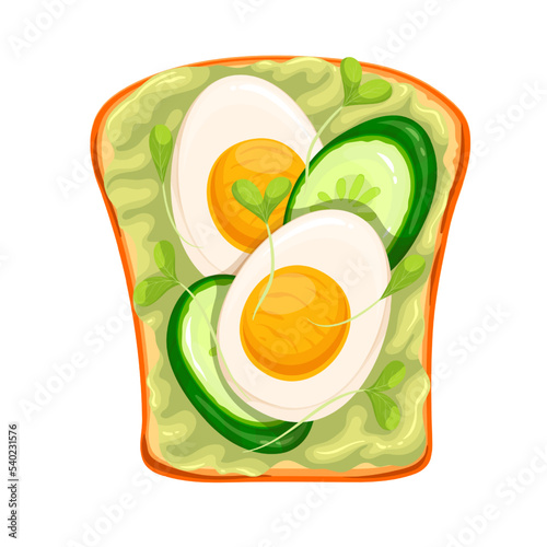 Toast with egg and avocado vector illustration. Cartoon isolated toasted bread with slices of boiled eggs with yolk, sliced cucumber, microgreens and mashed avocado, top view of morning sandwich