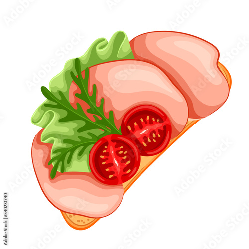 Ham toast vector illustration. Cartoon isolated breakfast food, slice of bread or baguette with sliced smoked meat, tomato and lettuce leaf, top view of sandwich with vegetable and prosciutto