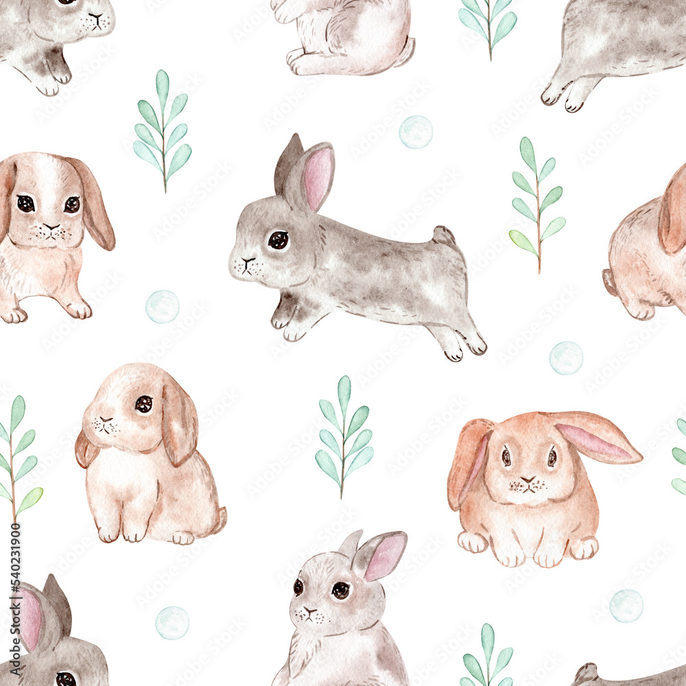 Obraz premium Watercolor cute bunnies and floral seamless pattern on white background. Rabbit print