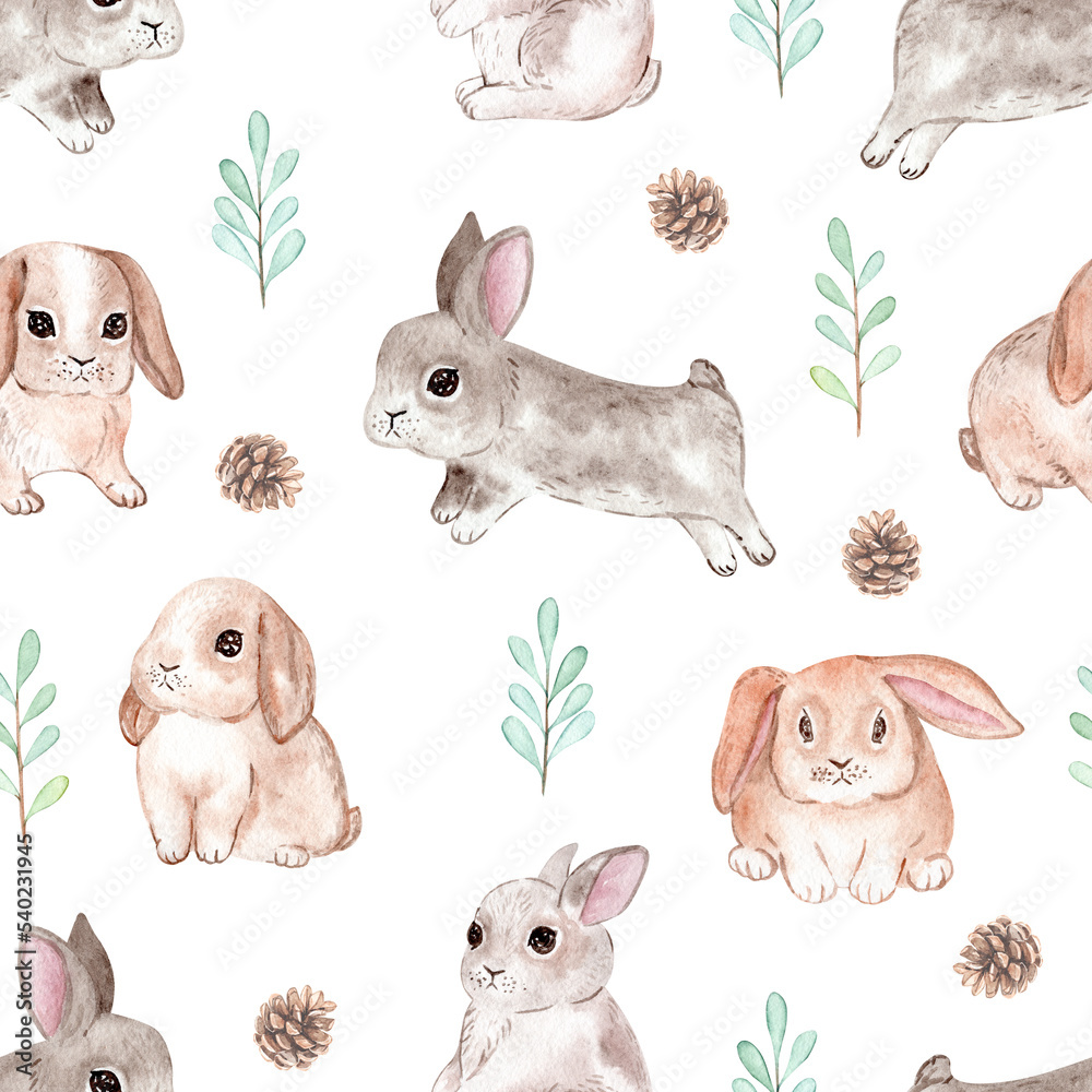 Obraz premium Watercolor cute bunnies seamless pattern on white background. Rabbit print