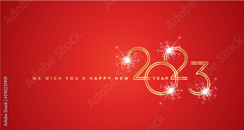 We wish You a Happy New Year 2023 gold double line design numbers with white sparkle firework red background greeting card