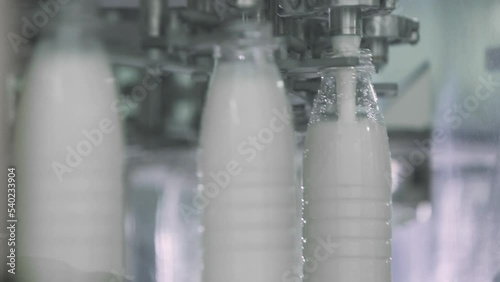 Automated production line at the Dairy Food Facility. Multiple plastic milk bottles are being filled with milk on an automated production line. Pouring milk on automated production line.