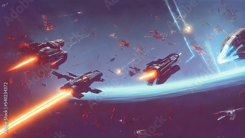 Billede på lærred Space battle of spaceships and battle cruisers, laser shots sparks and explosions
