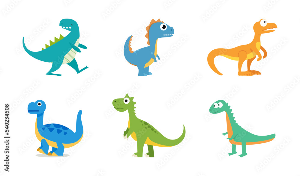 Cartoon dinosaur set. Collection of cute dinosaur icons. Flat vector illustration isolated on white background.