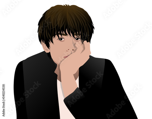 An Asian boy covers part of his face with his left hand wearing black jacket and white T-shirt, minimalist illustration vector 