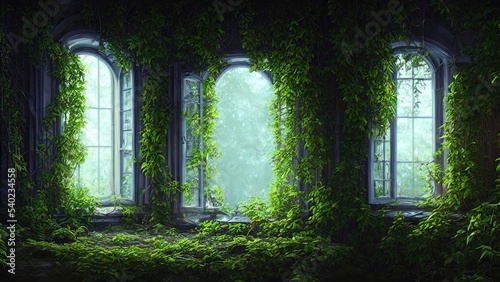 Windows of empty abandoned house palace overgrown with vegetation, ivy and vines from inside. Magical fabulous house windows in room. Building is captured by nature and vegetation. 3d illustration photo