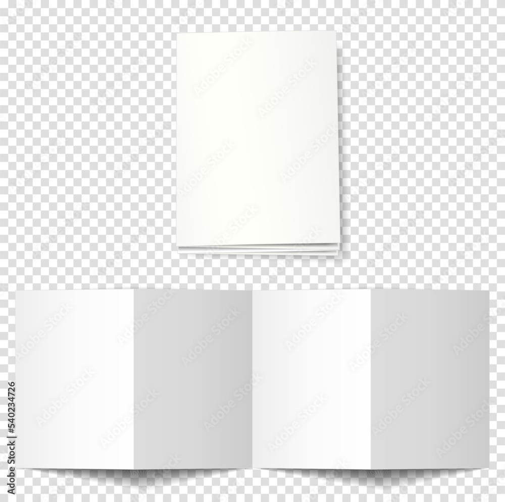 Mockup of open and closed book booklet, brochure, flyer. Accordion type, 8-pages, 4 folds, 3d vector illustration on a transparent background. Suitable for your design. Mockup of open and closed book booklet, brochure, flyer. Accordion type, 8-pages, 4 folds, 3d vector illustration on a transparent background. Suitable for your design.