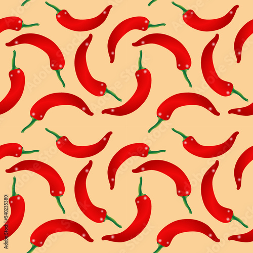 Red chili pepper on a light background. Seamless template for packaging, store, banners. Suitable for wrapping paper, textiles and backgrounds. Fashionable vector illustration.