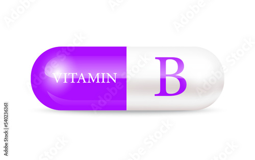 Capsule vitamin B (Thiamine) 3D Vector Illustration. Structure purple, white. Vitamin complex with chemical formula. Drug business concept. Personal care, beauty concept. transparent capsule pill.	
