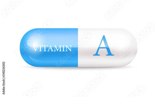 Capsule vitamin A (Thiamine) structure Blue, white. 3D Vitamin complex with chemical formula. Personal care, beauty concept. Vector Illustration. transparent capsule pill. Drug business concept.	
