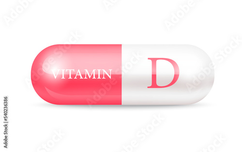 Capsule vitamin D (Thiamine) structure pink red, white. 3D Vitamin complex with chemical formula. Drug business concept. Personal care, beauty concept. Vector Illustration. transparent capsule pill.	
