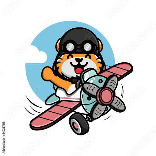 Cute little tiger flying with airplane illustration