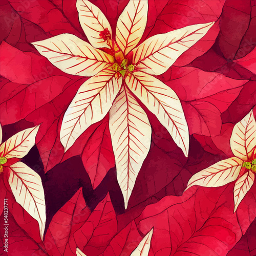 A seamless floral pattern of red Poinsettia, Christmas plant, decoration pattern for present wrapping, cards.