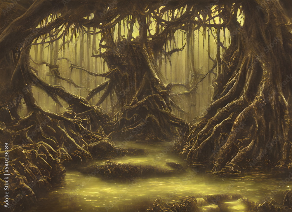 Fototapeta premium Summer Dark Forest Trees Mystical Road Woods Foggy Nature Landscape Sunlight Green Mist Morning Sun Dawn Park Misty Autumn Sunrise Light Wood Fog Leaf Tree