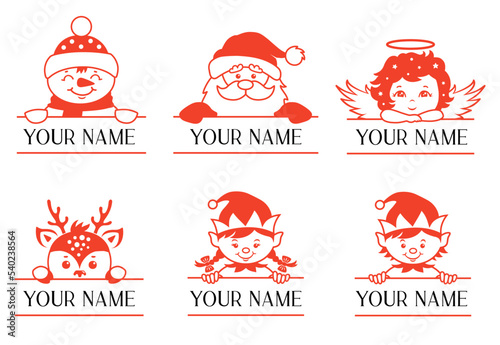 Set of Christmas monogram with space for text. Kids Christmas name sign. Peeking face Santa, deer, elf, angel. Baby Christmas design.