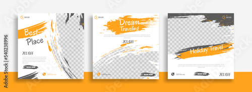 Travel Set of Editable minimal square banner template. black yellow white background color with geometric shapes for social media post, story and web internet ads. Vector illustration