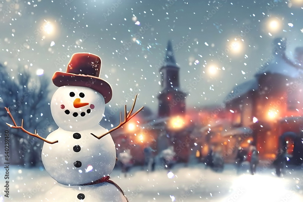  snowman in hat on evening city street Christmas card ,winter holiday greetings 